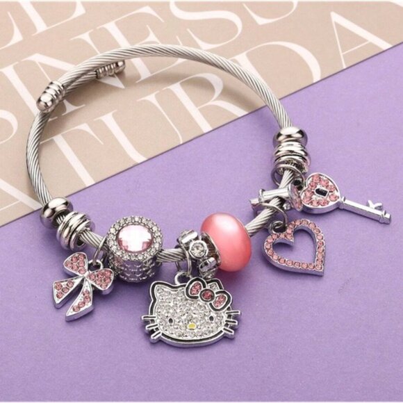 SANRIO Hello Kitty Silver & Pink Rhinestone Charm Bracelet BRAND-NEW & SO CUTE! - Picture 3 of 4